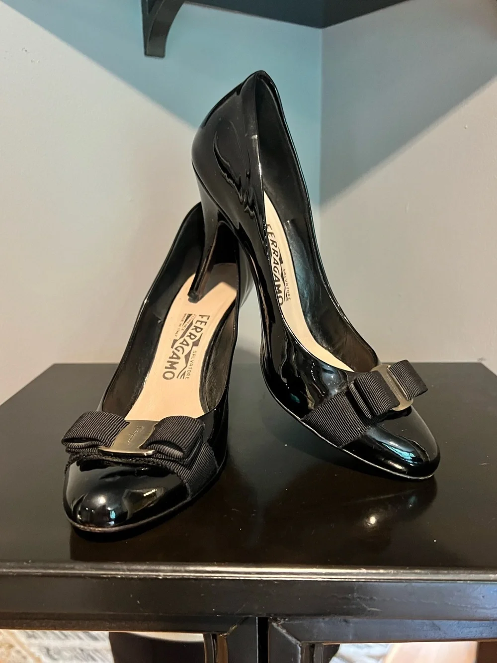 Salvatore Ferragamo Black Patent Vara Bow Pumps